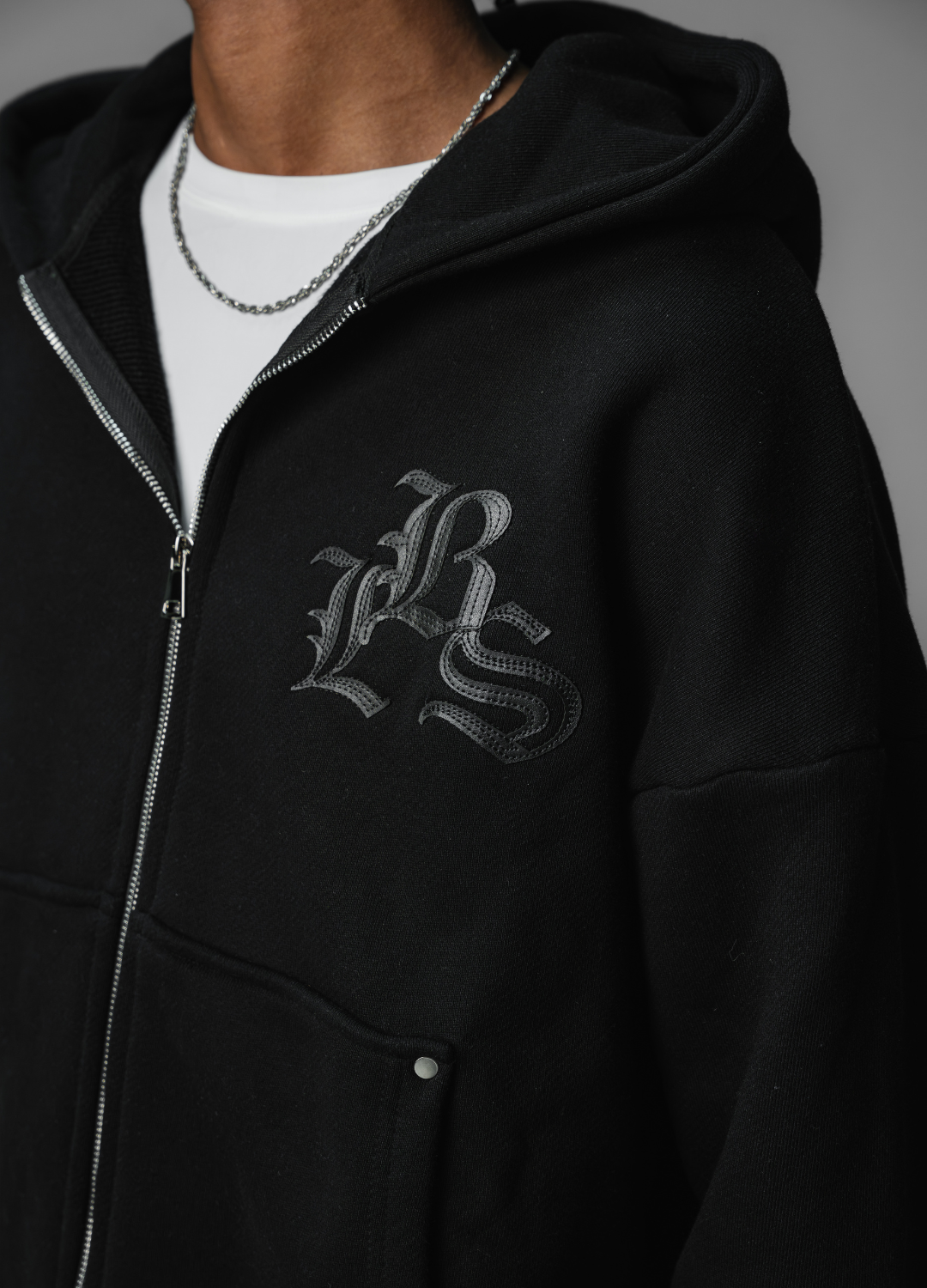 Leather Patch Hoodie Black